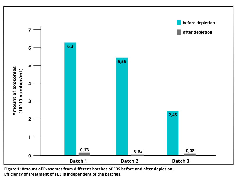 Figure 1: Amount of Exosomes from different batches of FBS before and after depletion. Efficiency of treatment of FBS is independent of the batches.