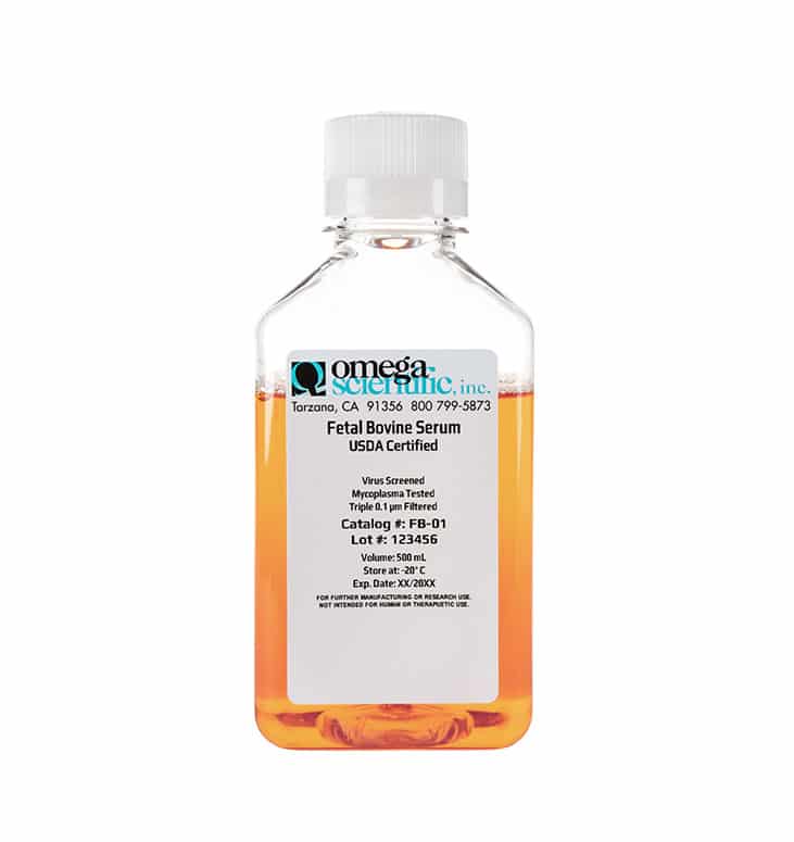 Product image of a bottle of 500 ml of Fetal Bovine Serum (USDA-approved).